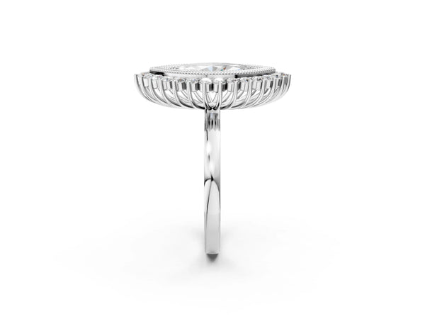 White gold Marquise Halo Diamond Ring with Milgrain Edge and Round Prong Setting
