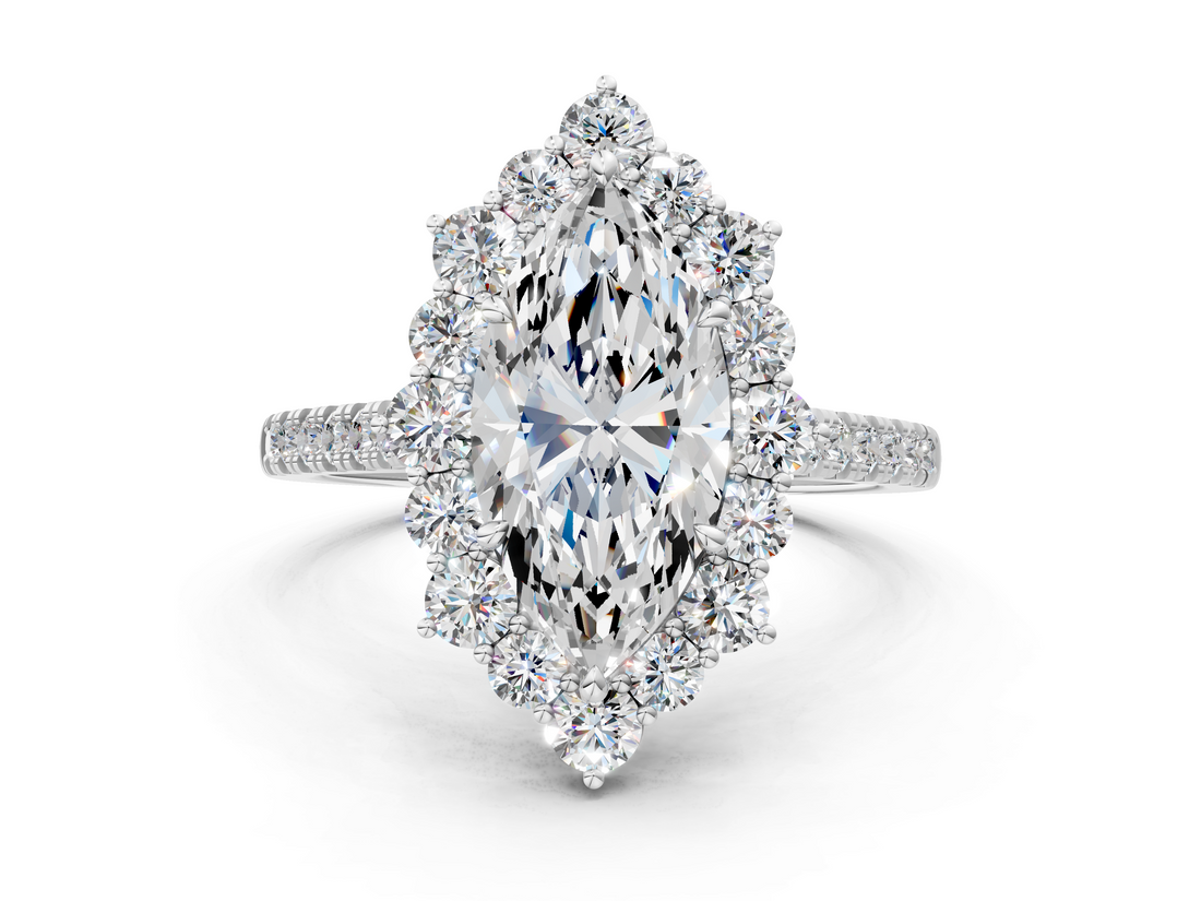 White gold Marquise Halo Diamond Ring with Pavé Band and Prong Setting_41