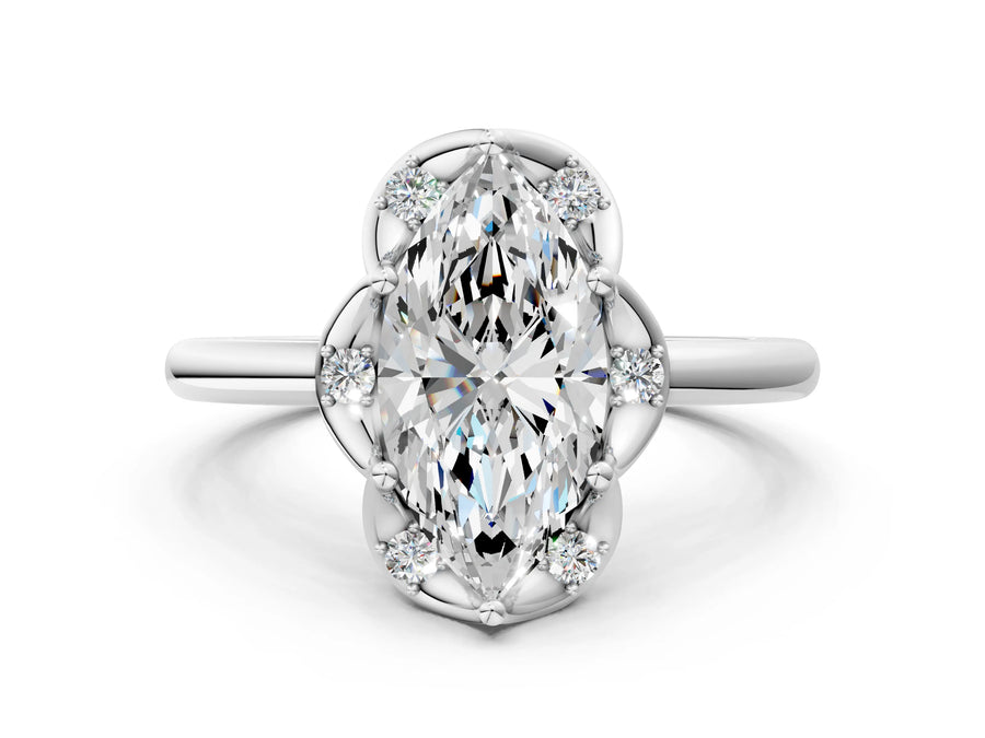 White gold Marquise Halo Diamond Ring with Round Cluster Setting, Solitaire Band, and Four-Prong Setting