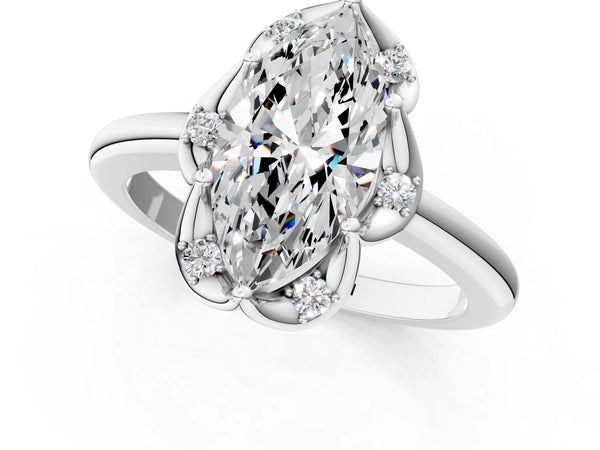 White gold Marquise Halo Diamond Ring with Round Cluster Setting, Solitaire Band, and Four-Prong Setting