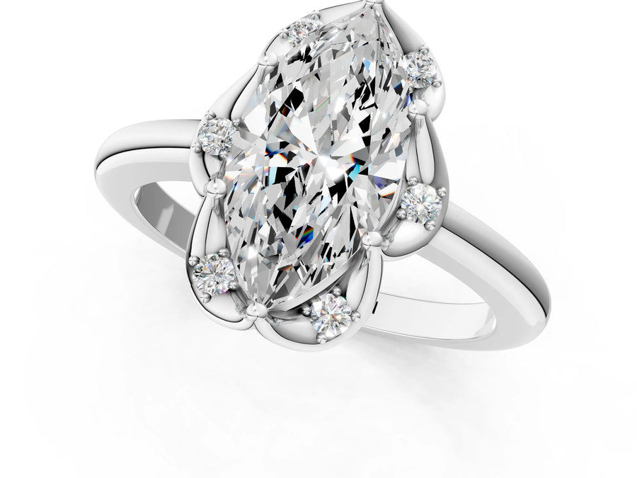 White gold Marquise Halo Diamond Ring with Round Cluster Setting, Solitaire Band, and Four-Prong Setting