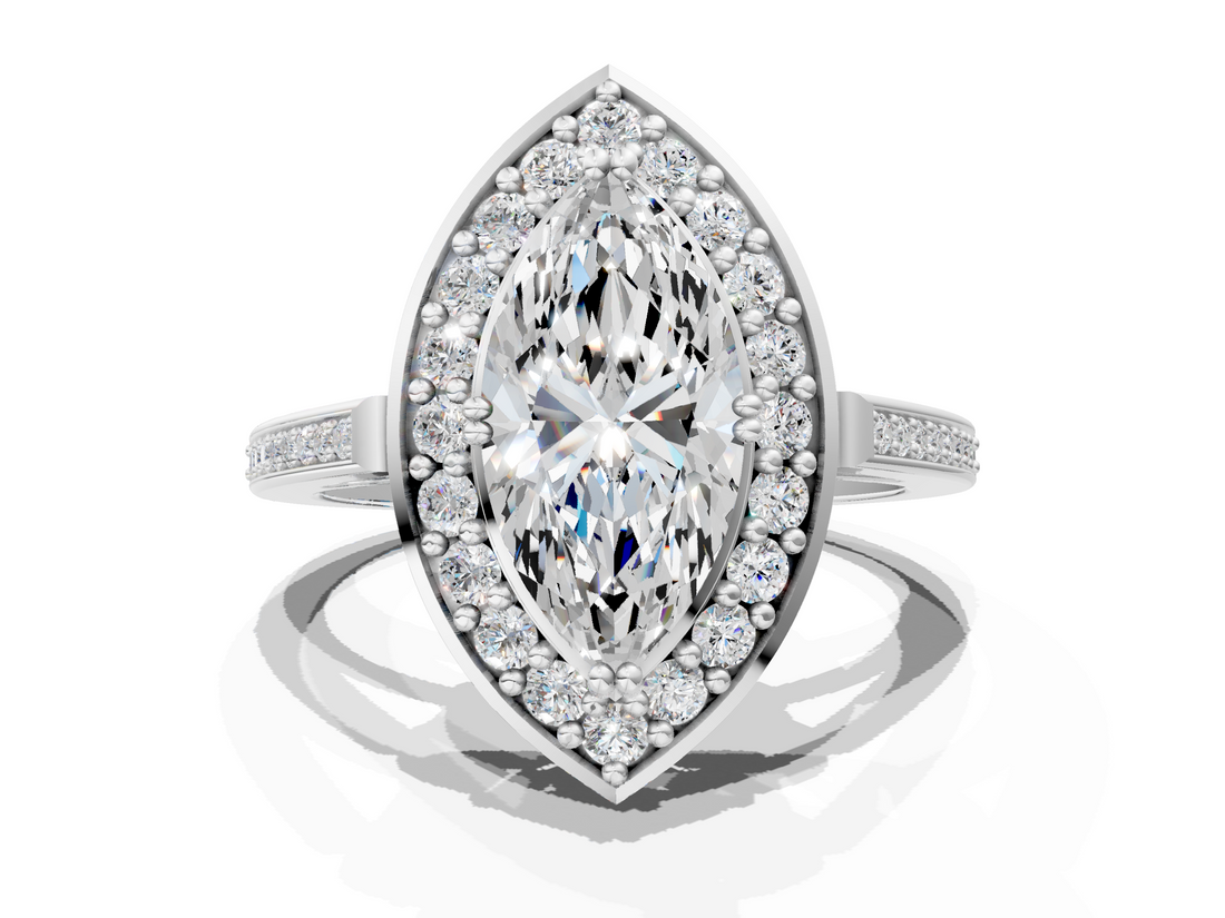 White gold Marquise Halo Diamond Ring with Split Shank and Four-Prong Setting_59