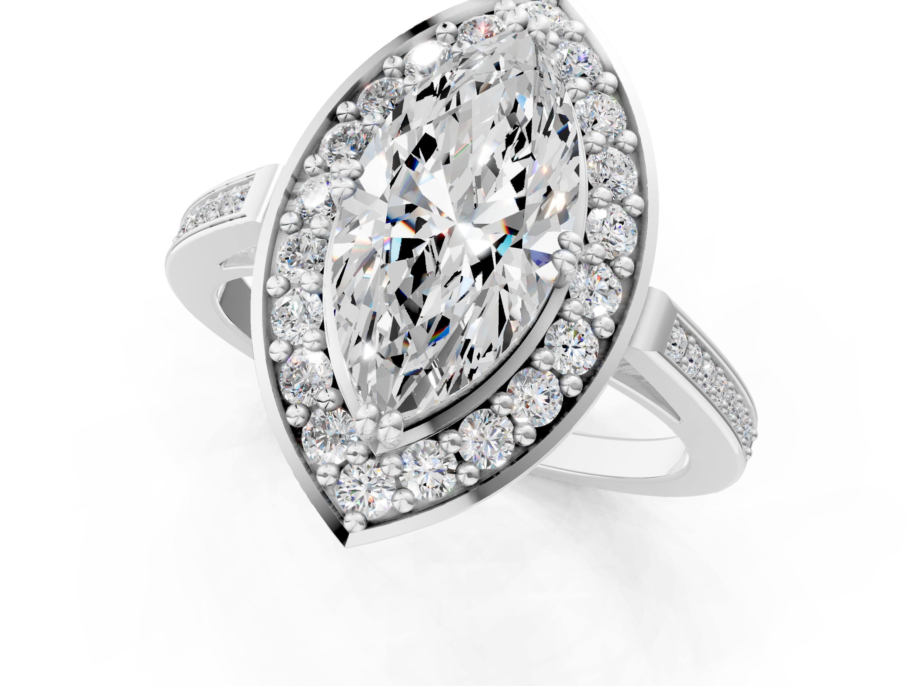 White gold Marquise Halo Diamond Ring with Split Shank and Four-Prong Setting_60