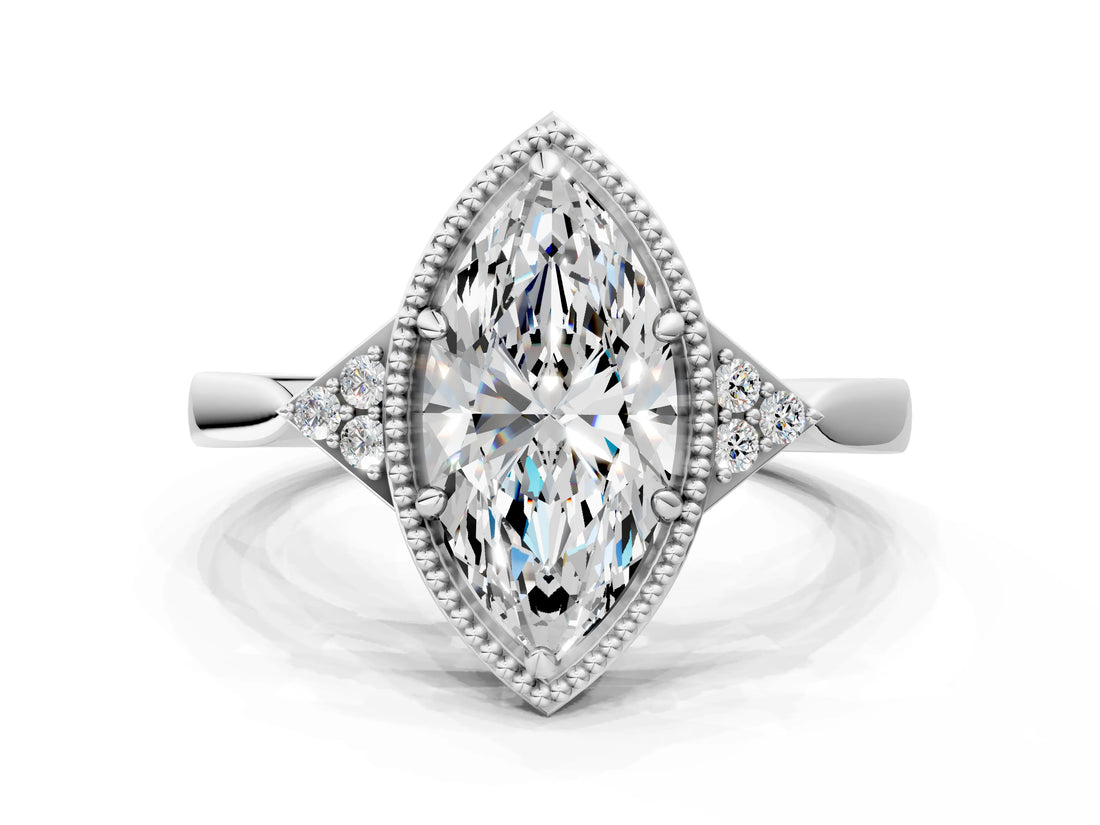 White gold Marquise Halo Diamond Ring with Tapered Band and Four-Prong Setting_15