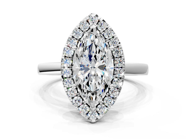 White gold Marquise Halo Diamond Solitaire with Pavé Band and Four-Prong Setting