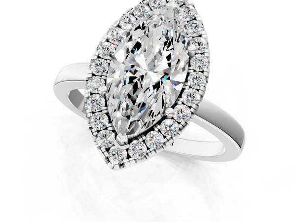 White gold Marquise Halo Diamond Solitaire with Pavé Band and Four-Prong Setting