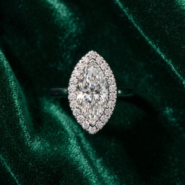 White gold Marquise Halo Diamond Solitaire with Pavé Band and Four-Prong Setting