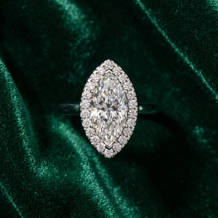 White gold Marquise Halo Diamond Solitaire with Pavé Band and Four-Prong Setting