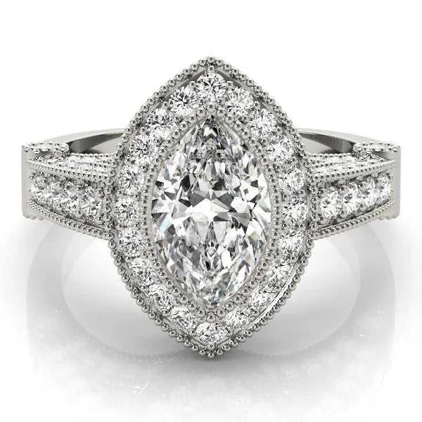 White gold Marquise Halo Diamond Split Shank Pave Ring