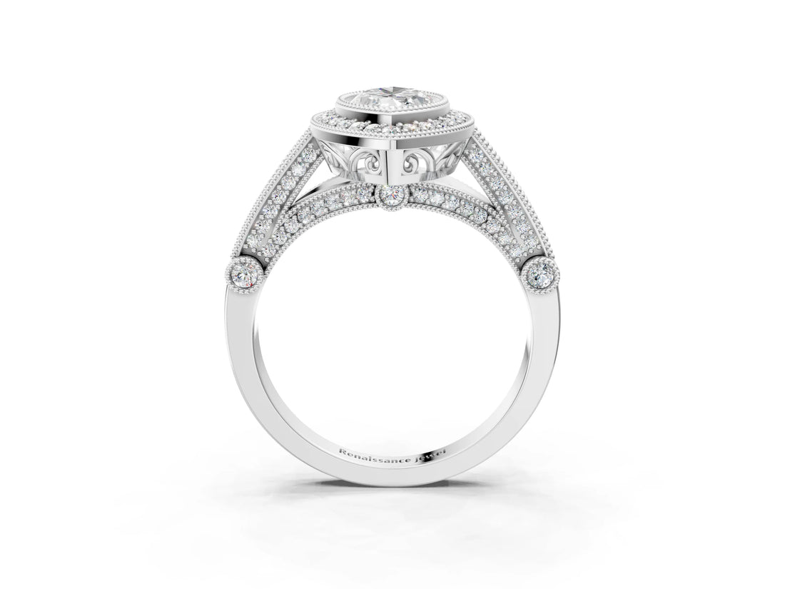 White gold Marquise Halo Diamond Split Shank Pave Ring_17