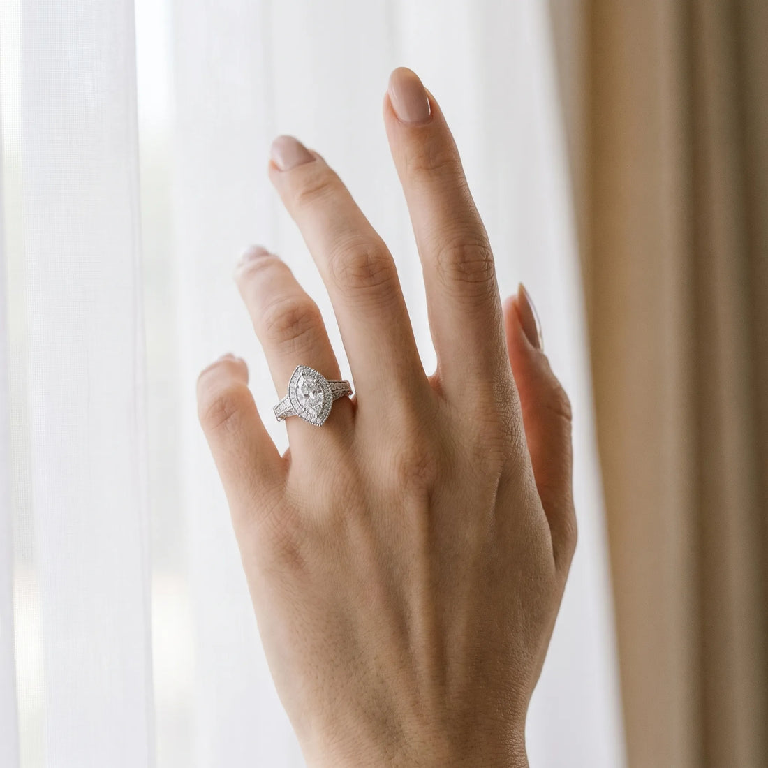 White gold Marquise Halo Diamond Split Shank Pave Ring_25
