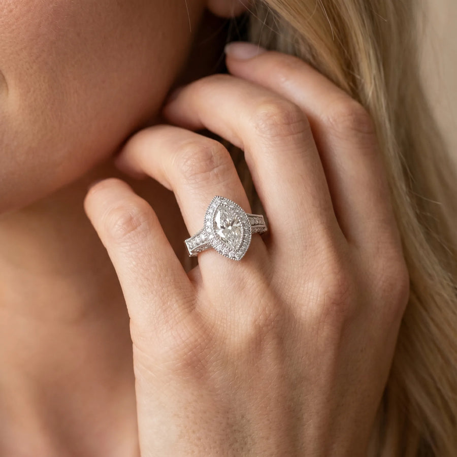 White gold Marquise Halo Diamond Split Shank Pave Ring