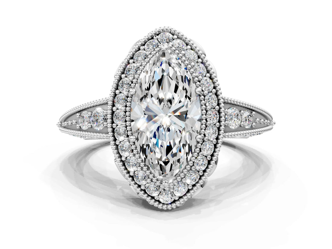 White gold Marquise Halo Diamond Split Shank Ring with Milgrain Detail_49