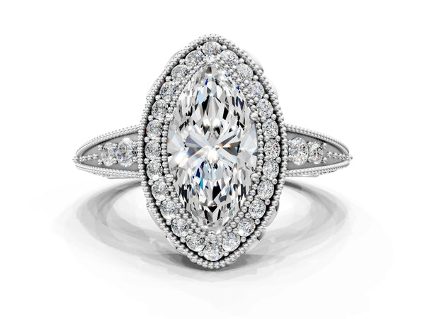 White gold Marquise Halo Diamond Split Shank Ring with Milgrain Detail
