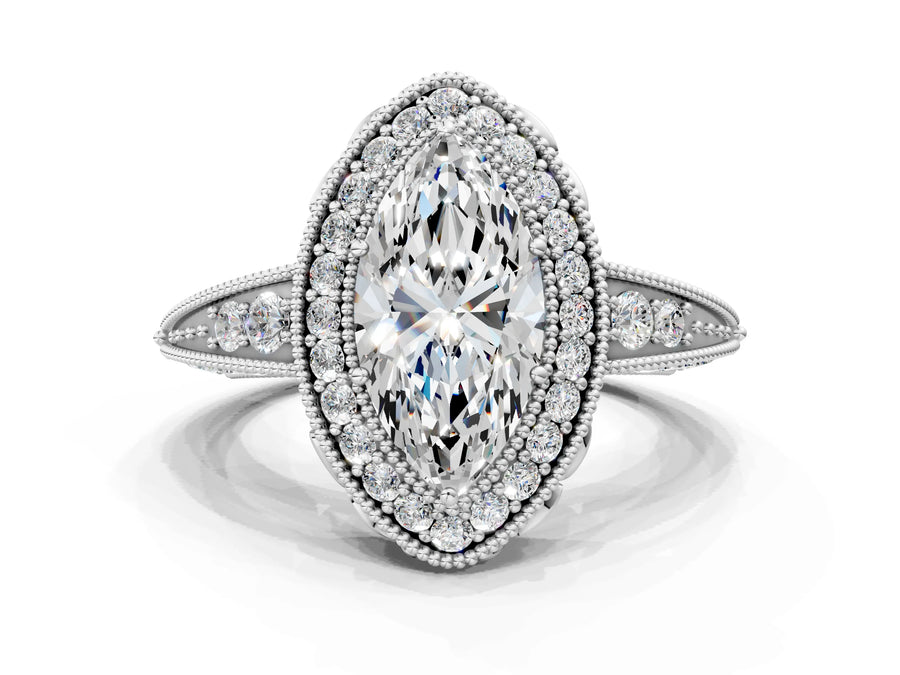 White gold Marquise Halo Diamond Split Shank Ring with Milgrain Detail