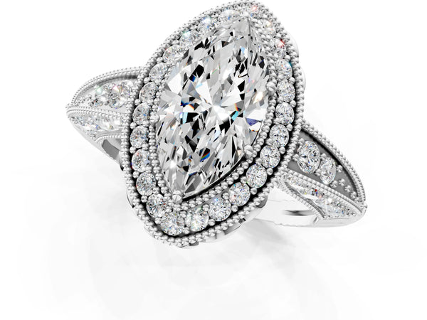 White gold Marquise Halo Diamond Split Shank Ring with Milgrain Detail