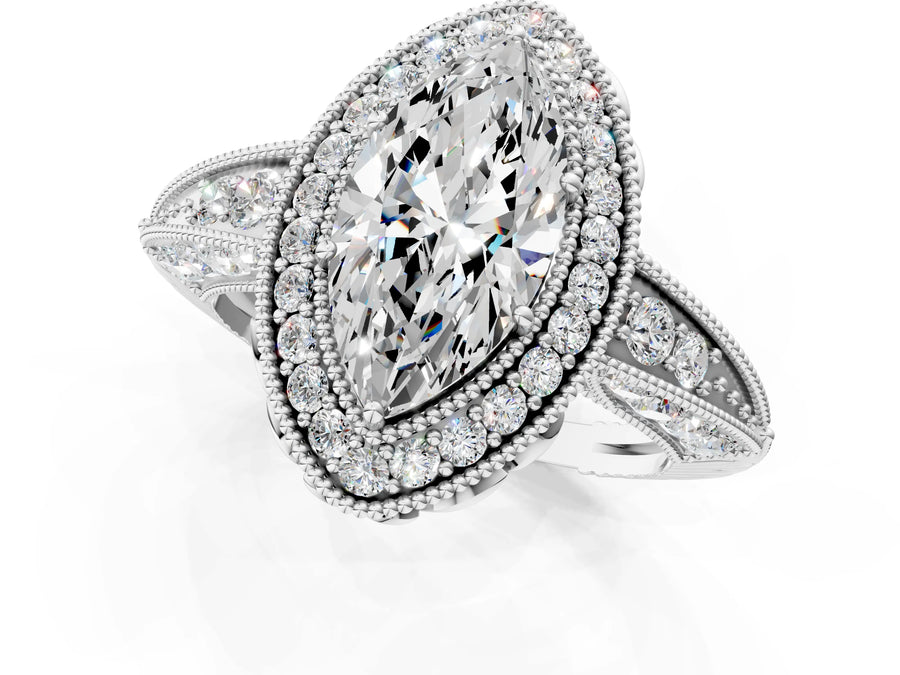 White gold Marquise Halo Diamond Split Shank Ring with Milgrain Detail