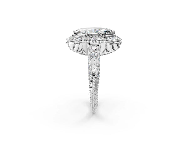 White gold Marquise Halo Diamond Split Shank Ring with Milgrain Detail