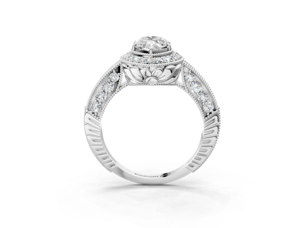 White gold Marquise Halo Diamond Split Shank Ring with Milgrain Detail