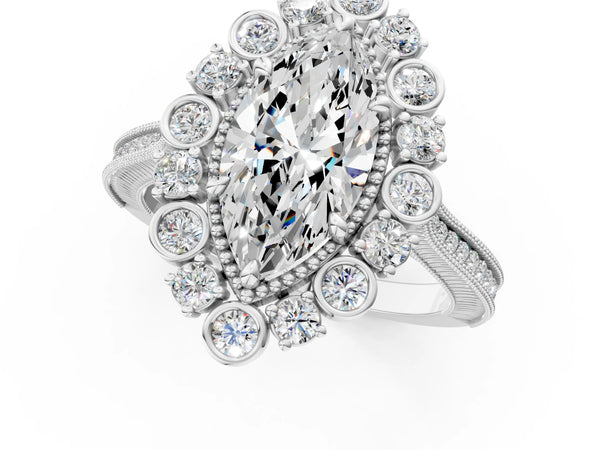 White gold Marquise Halo Milgrain Pave Diamond Ring with Four-Prong Setting