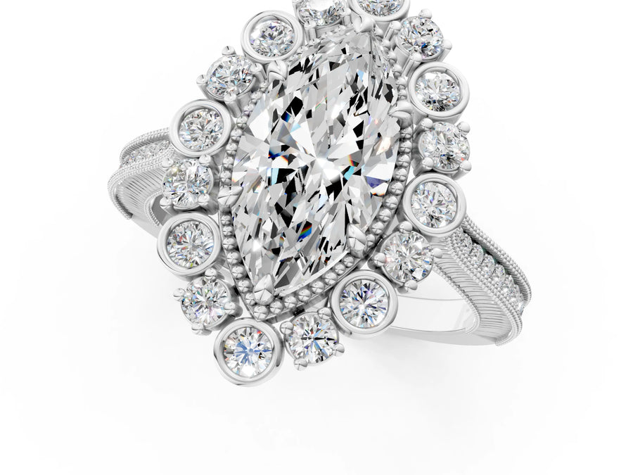 White gold Marquise Halo Milgrain Pave Diamond Ring with Four-Prong Setting