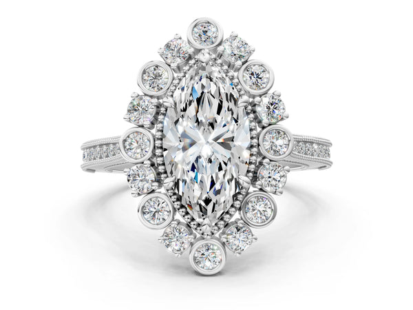 White gold Marquise Halo Milgrain Pave Diamond Ring with Four-Prong Setting