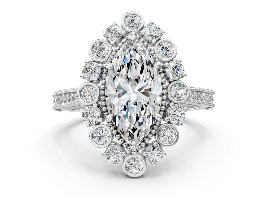 White gold Marquise Halo Milgrain Pave Diamond Ring with Four-Prong Setting