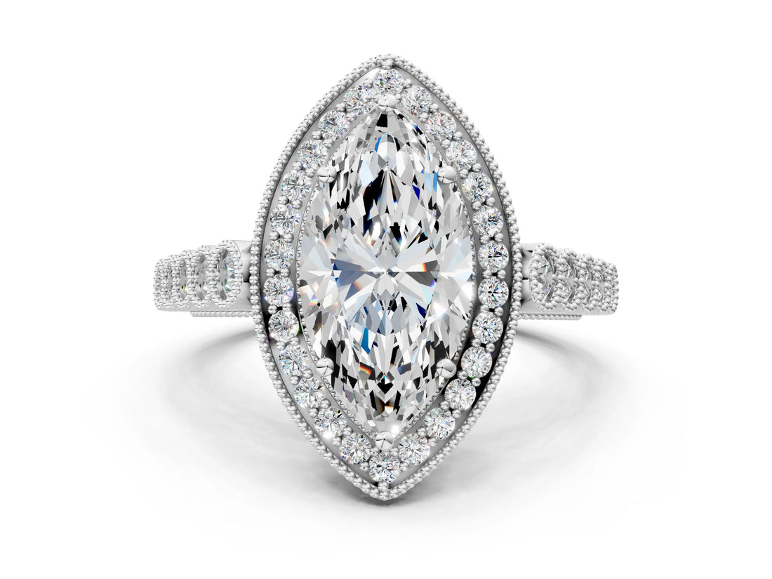 White gold Marquise Halo Milgrain Solitaire with Bezel Set Side Stones and Pave Band_31
