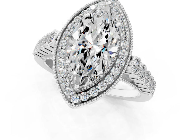 White gold Marquise Halo Milgrain Solitaire with Bezel Set Side Stones and Pave Band