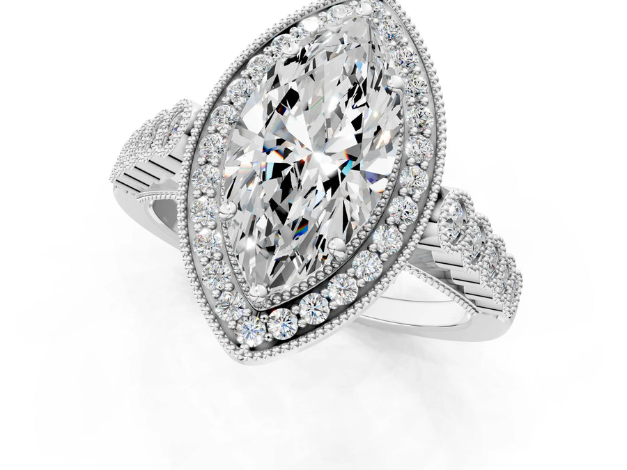 White gold Marquise Halo Milgrain Solitaire with Bezel Set Side Stones and Pave Band