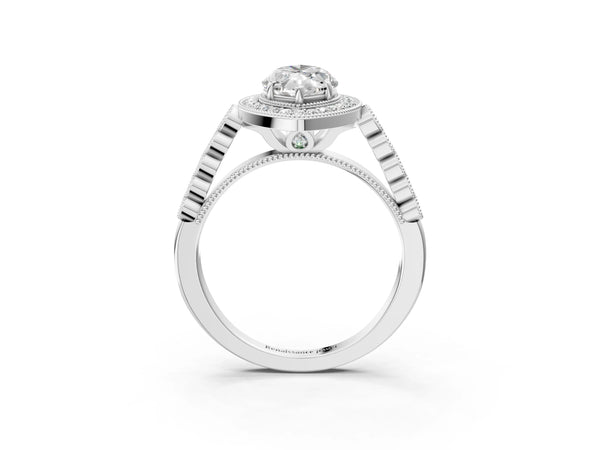 White gold Marquise Halo Milgrain Solitaire with Bezel Set Side Stones and Pave Band