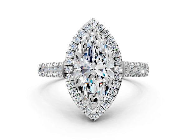 White gold Marquise Halo Pavé Diamond Engagement Ring with Four-Prong Setting