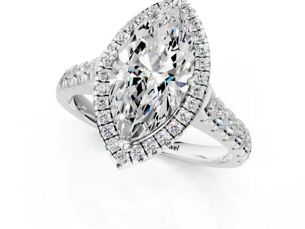 White gold Marquise Halo Pavé Diamond Engagement Ring with Four-Prong Setting