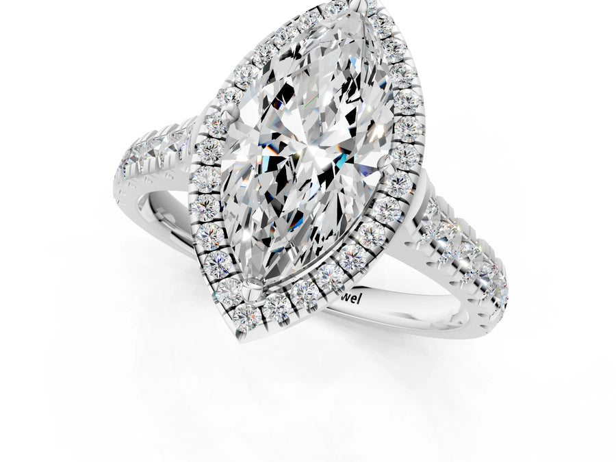 White gold Marquise Halo Pavé Diamond Engagement Ring with Four-Prong Setting