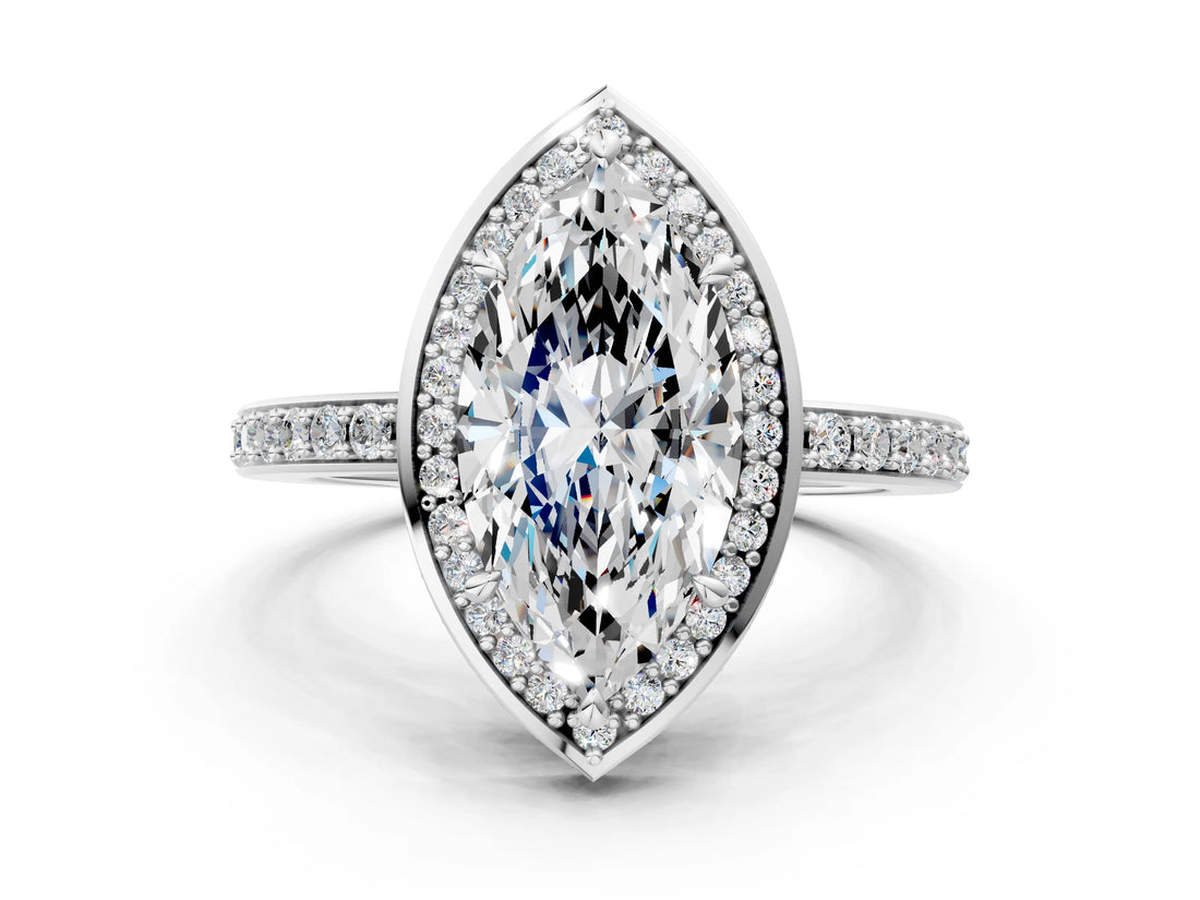 White gold Marquise Halo Pave Band Solitaire Ring with Prong Setting_65