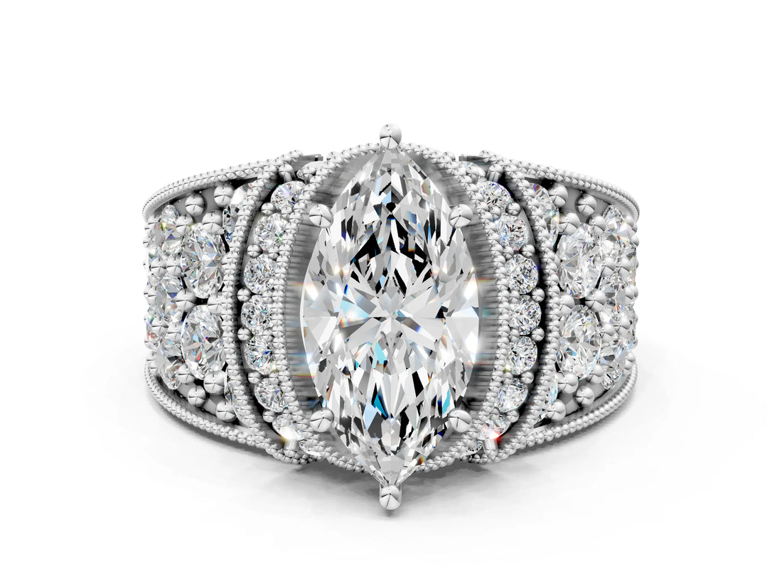 White gold Marquise Halo Pave Diamond Engagement Ring with Milgrain Detailing_49