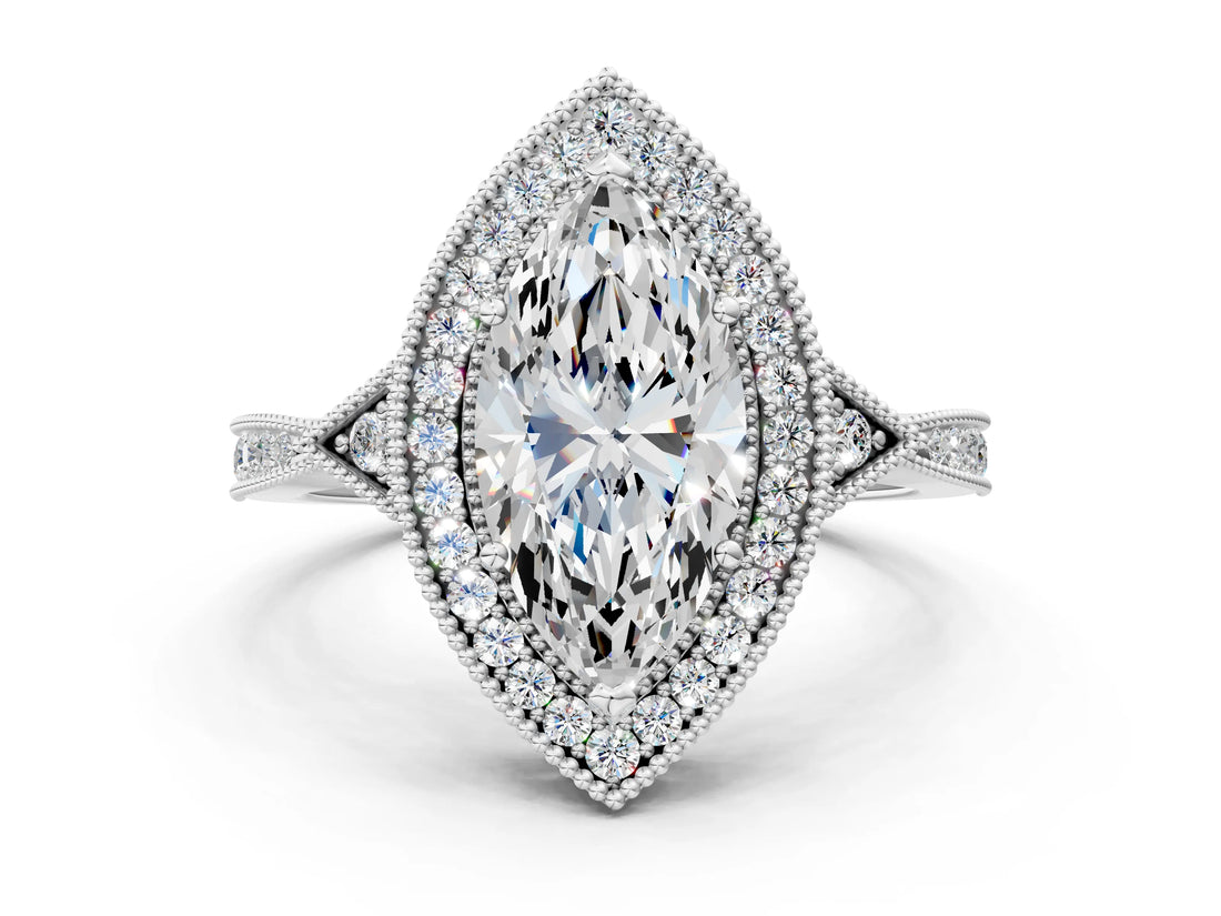 White gold Marquise Halo Round Diamond Milgrain Pave Engagement Ring_15