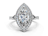 White gold Marquise Halo Round Diamond Milgrain Pave Engagement Ring_30