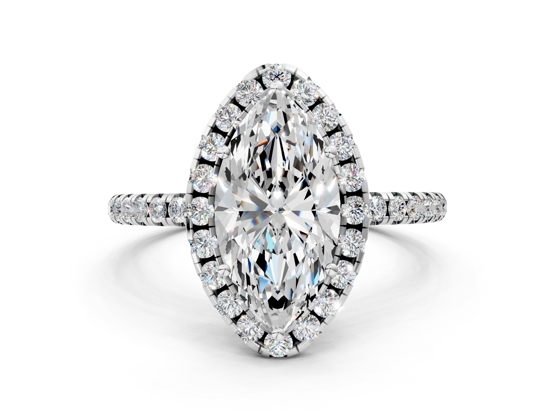 White gold Marquise Halo Round Diamond Pavé Band Four-Prong Ring_3
