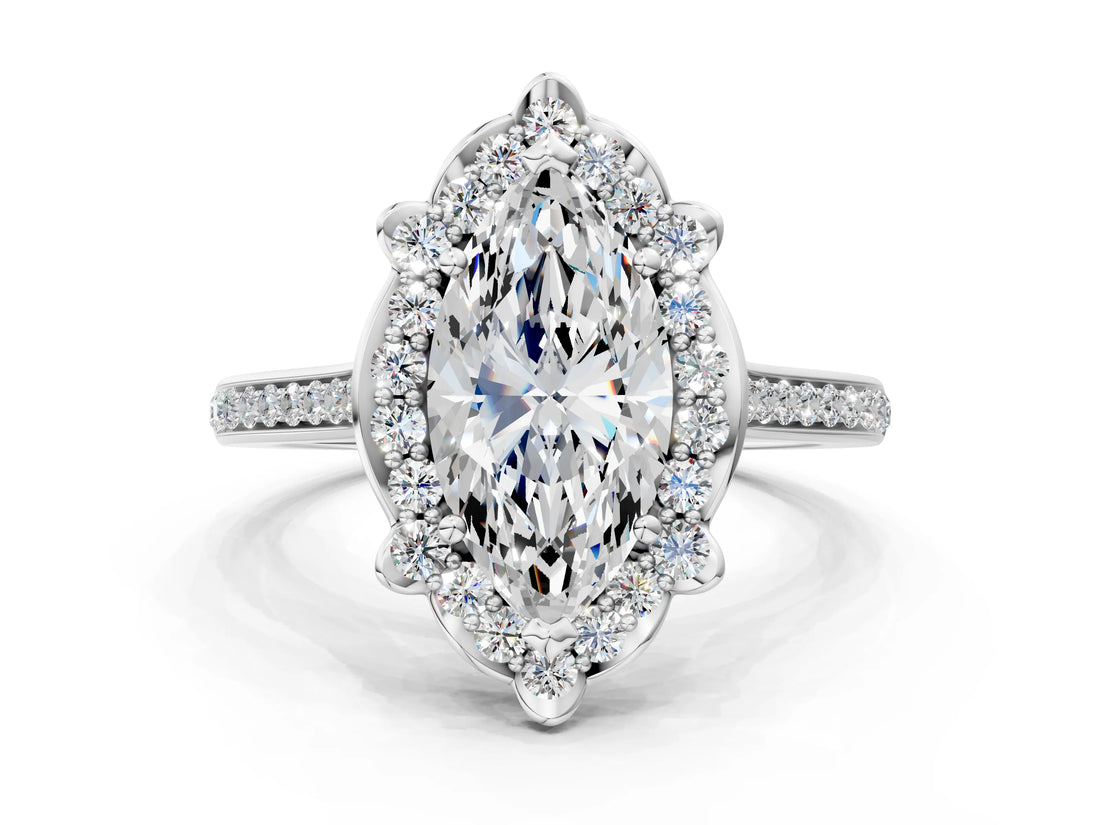 White gold Marquise Halo Round Diamond Pave Band with Four-Prong Setting_38