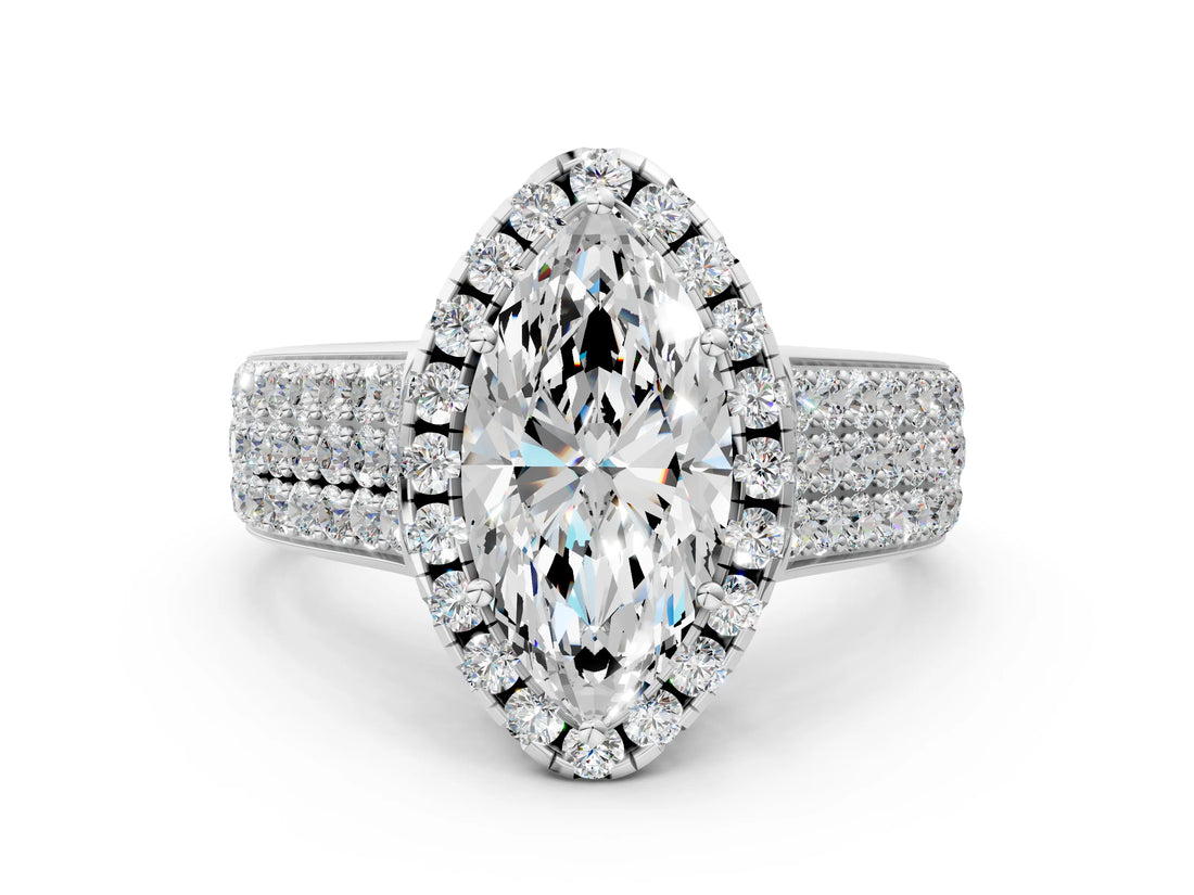 White gold Marquise Halo Round Diamond Pave Band with Prong Setting_12