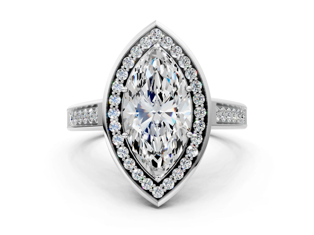White gold Marquise Halo Solitaire Diamond Ring with Pave Band and Bezel Setting_65