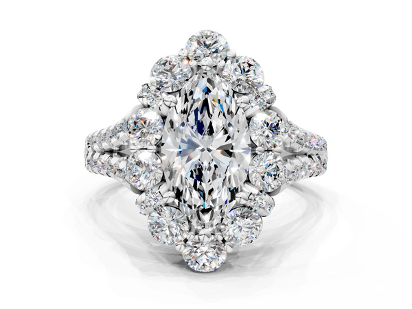 Silver Marquise Halo Split Shank Diamond Engagement Ring with Pave Band and Four-Prong Setting
