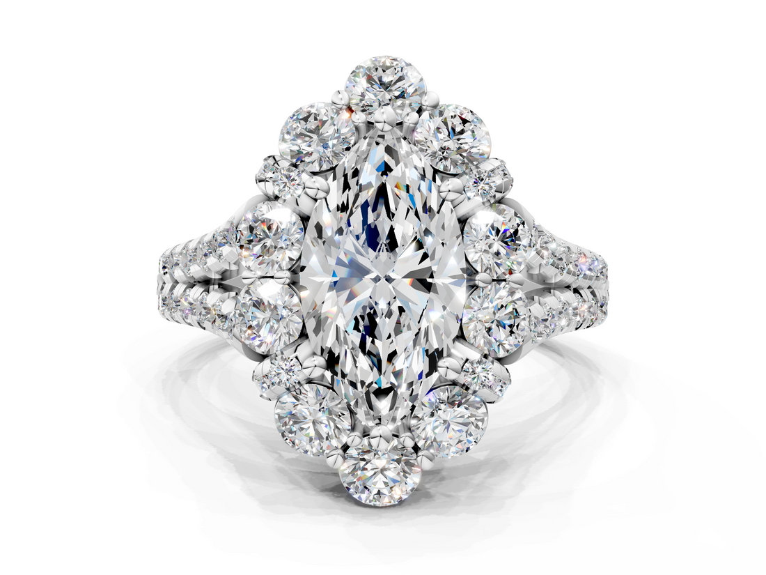 White gold Marquise Halo Split Shank Diamond Engagement Ring with Pave Band and Four-Prong Setting_55