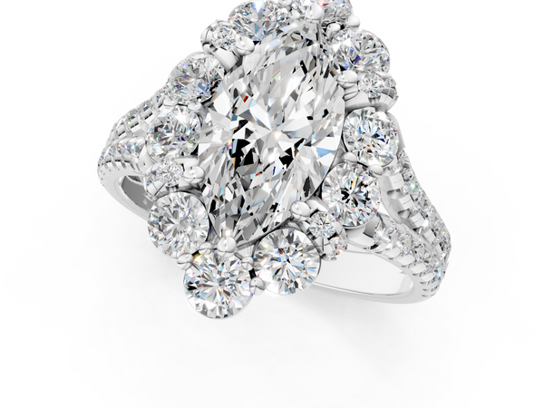 Silver Marquise Halo Split Shank Diamond Engagement Ring with Pave Band and Four-Prong Setting