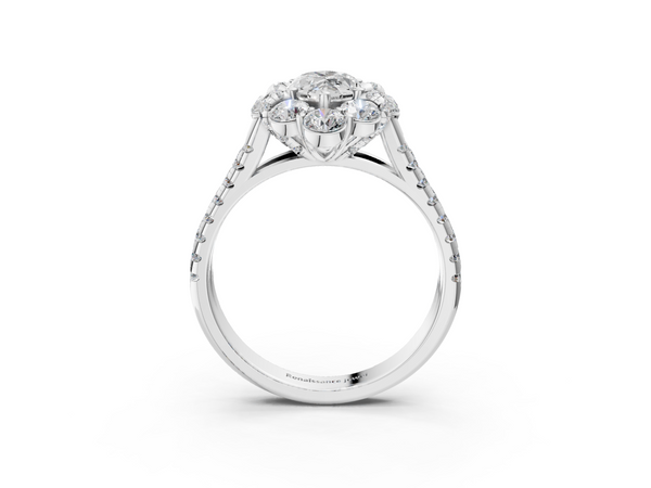 Silver Marquise Halo Split Shank Diamond Engagement Ring with Pave Band and Four-Prong Setting