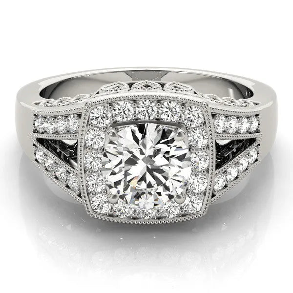 White gold Marquise Halo Split Shank Diamond Ring with Milgrain Prong Setting