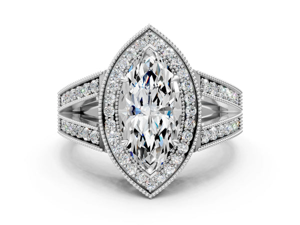 White gold Marquise Halo Split Shank Diamond Ring with Milgrain Prong Setting