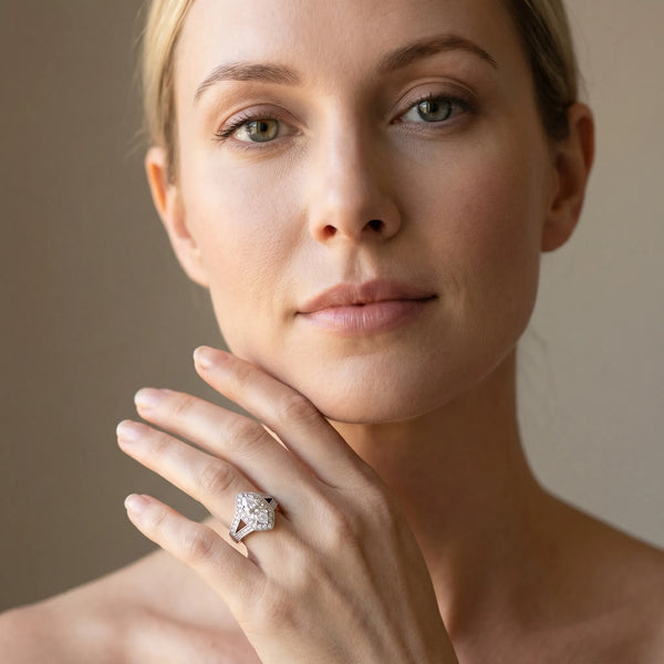 White gold Marquise Halo Split Shank Diamond Ring with Milgrain Prong Setting