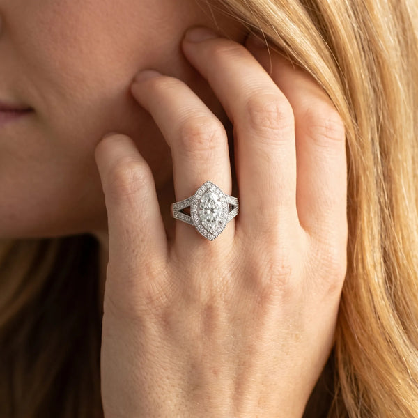 White gold Marquise Halo Split Shank Diamond Ring with Milgrain Prong Setting